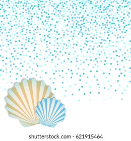 A beautiful poster with a seashell on a background of confetti. Template for summer flyer, for advertising of tourist offers, souvenirs.
