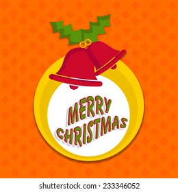 Beautiful poster with stylish text of Merry Christmas and red jingle bells on seamless floral pattern orange background.