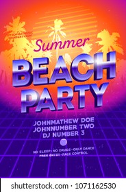 80’s Beautiful poster for summer beach party. Night club show poster template. DJ party vector flyer template.