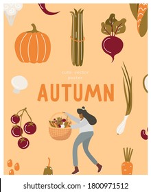 Beautiful poster with vegetables, herbs and mushrooms of unusual colors. Autumn harvest and vegetable garden.  Girl with a basket of vegetables. Vector flat hand drawing illustration in cartoon style.
