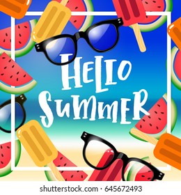 beautiful poster with watermelons and ice cream,  glasses. Hand drawn calligraphy hello summer    