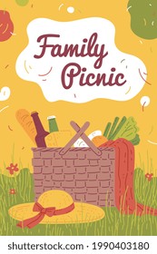 Beautiful poster with wicker basket full fresh food for family picnic. Straw container with fruits, vegetables, drink and other products for lunch at nature. Vector illustration.
