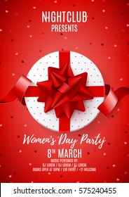 Beautiful poster for Women's Day party. Top view on white gift box with red bow. Vector illustration with confetti and satin ribbon. Invitation to nightclub.