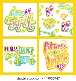 Beautiful posters with fitness activity benefits and hand written text. Vector set of bright sport cards. Seamless pattern with dumbbell, water bottle, skipping rope.