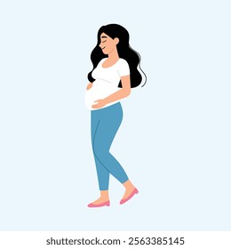 beautiful pregnancy mother wearing white shirt and blue legging walking illustration