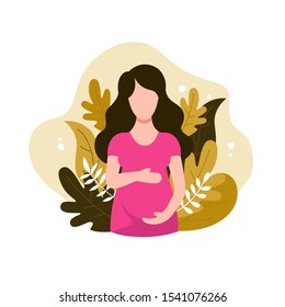 Beautiful pregnancy woman with flower floral background vector flat illustration