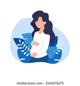 Beautiful pregnancy woman with flower floral background vector flat illustration