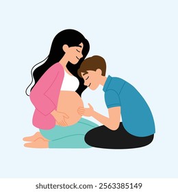 beautiful pregnancy woman sitting on the floor and happy man kissing on her belly illustration 