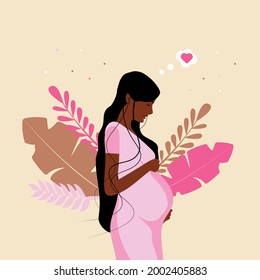 Beautiful pregnant african american woman in pink dress.  Pregnancy  with plants. Motherhood. New born. Young dark skinned mother. Modern flat style vector illustration isolated. 