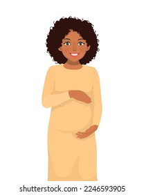 Beautiful pregnant African woman touching her big belly