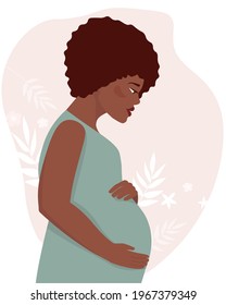A beautiful pregnant African-American woman in profile holds a large belly with her hands. A woman waiting for the birth child. Future dark-skinned mother. Vector graphics. The concept motherhood.