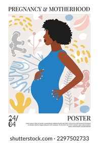 Beautiful pregnant black woman. Banner or poster for websites, advertising, greeting card.   Mother's day greeting. Health care, female, happy motherhood concept. Minimalism style.