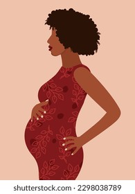 Schöne schwangere schwarze Frau. Banner oder Poster für Webseiten, Werbung, Grußkarte. Muttertags Gruß. Gesundheitsfürsorge, Frauenkonzept, Konzept der glücklichen Mutterschaft. Afroamerikanerin.