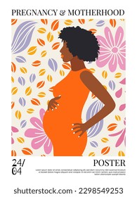 Beautiful pregnant black woman. Banner or poster for websites, advertising, greeting card. Mother's day greeting. Health care, female, happy motherhood concept. African American lady.