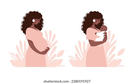 Beautiful pregnant black woman, hispanic mommy hugging newborn baby, motherhood and family concept. Motherhood flat vector illustration set isolated on white background.