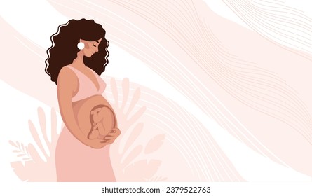 Beautiful pregnant black woman hugging her belly with fetus in uterus, pregnancy and motherhood concept, vector illustration for doula, obstetrician, doctor. Modern landing page in flat cartoon design