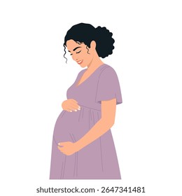 Mulher negra grávida bonita abraçando a barriga, conceito de gravidez e maternidade, ilustração vetorial para doula, obstetrícia, médico. Página de aterrissagem moderna em desenho animado plano.