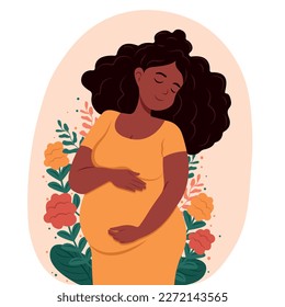 Beautiful pregnant black woman hugs her belly. Healthy pregnancy.Vector flat illustration.