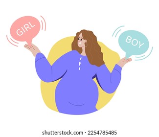 Beautiful pregnant brunette woman wondering about the gender of her future baby. EPS 10. Vector illustration.