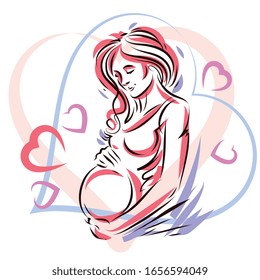Beautiful pregnant female body silhouette surrounded by heart shape frame.  Mother-to-be drawn vector illustration. Happiness and caring theme.
