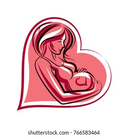 Beautiful pregnant female body silhouette surrounded by heart shape frame.  Mother-to-be drawn vector illustration. Happiness and caring theme.