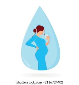 beautiful pregnant girl drinks water from a glass standing in a drop.Healthy pregnancy and Healthy lifestyle. Vector illustration on a white background