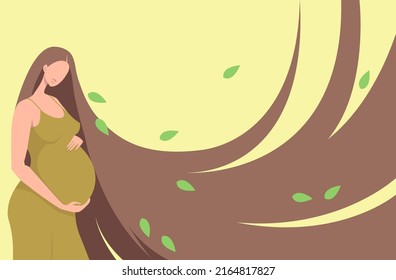 A beautiful pregnant girl holds her hands on her stomach. Happy pregnancy. Flat cartoon vector illustration. 