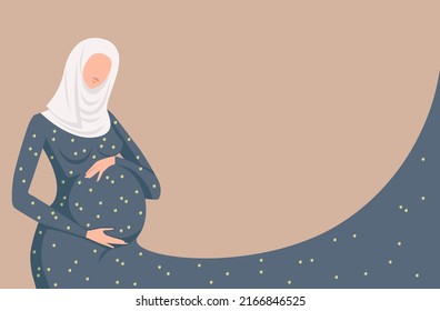 A beautiful pregnant girl holds her hands on her stomach. Happy pregnancy. Flat cartoon vector illustration.