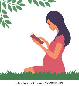 Beautiful pregnant girl reads a book in nature. Sits on the green grass under the foliage of a tree. Learning to be a mom. Vector cartoon illustration.