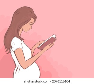 Beautiful pregnant girl reads a book. Learning to be a mom. Healthy lifestyle. Vector cartoon art illustration hand drawn