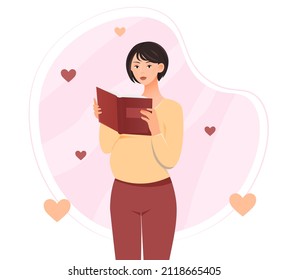 Beautiful pregnant girl reads book concept. Young woman preparing to become mother. Female character reads literature about childbirth and upbringing of newborn child. Cartoon flat vector illustration