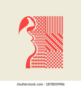 Beautiful pregnant lady with long, wavy hair flowing.Mother vector icon.Maternity illustration  and geometric patterns isolated on light background.Profile view woman.
