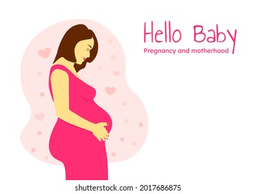 Beautiful pregnant lady in pink dress holding her belly. Hello Baby Pregnancy and Motherhood banner with copy space for your text. Minimalistic design, flat cartoon vector illustration