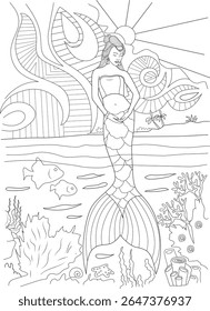Beautiful pregnant mermaid coloring page, fantasy ocean scene with marine life, sun, and island for creative projects.