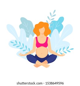 Beautiful pregnant mom practicing yoga pose. Pregnant yoga woman meditating, vector illustration isolation on the white background. 
Maternity concept
