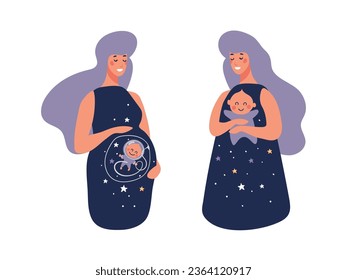 Hermosa madre embarazada, mujer con bebé, divertido juego de personajes de maternidad, ilustración plana del vector de dibujos animados aislada en fondo blanco.