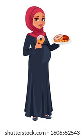 Beautiful pregnant Muslim woman in hijab holding doughnuts. Cute Arab lady prepares to be a mother. Muslin girl cartoon character. Vector illustration on white background