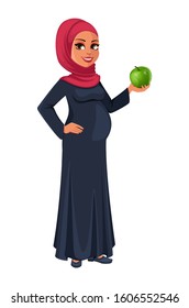 Beautiful pregnant Muslim woman in hijab holding green apple. Cute Arab lady prepares to be a mother. Muslin girl cartoon character. Vector illustration on white background