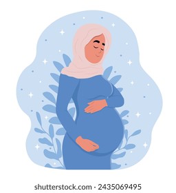 Schöne schwangere Muslimin umarmt ihren Bauch. In: Healthy Pregnancy Banner. Das Konzept von Schwangerschaft und Mutterschaft. Gesunde Schwangerschaft.