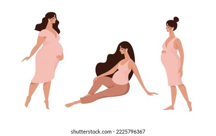 Beautiful pregnant standing and sitting women set. Flat cartoon illustration about pregnancy and motherhood, modern mom. Vector isolated on white.