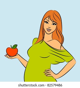 Beautiful pregnant woman with an apple. Vector