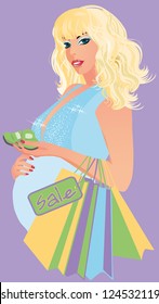 Beautiful pregnant woman  with baby socks, vector illustration