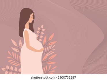 Beautiful pregnant woman banner with copy space, concept of pregnancy, family, parenthood. Vector flat illustration. Pink background. Motherhood, maternity, babies and pregnant woman