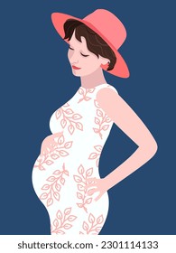 Beautiful pregnant woman. Banner or poster for websites, advertising, greeting card. Mother's day greeting. Health care, female, happy motherhood concept. Minimalism style.