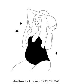 Beautiful pregnant woman in black underwear. Happy future mom. Motherhood concept. Modern vector illustration in line art style.