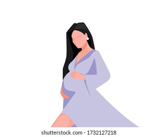 
Beautiful pregnant woman in a blue dress with long hair. Pregnancy, the birth of a new life, family planning. Signs of pregnancy, a growing fetus. Childbirth Vector illustration, isolated background.