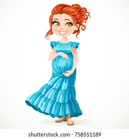 Beautiful pregnant woman in blue dress hugging big belly with hands standing on white background
