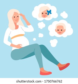 Beautiful pregnant woman in cartoon style. Young pretty girl holding hand on her belly. Expecting woman thinking, newborn is boy or girl. Flat vector illustration of happy pregnancy and matreniry.