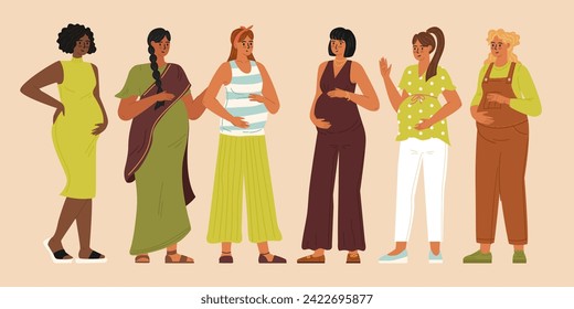 Beautiful pregnant woman characters of different nationalities