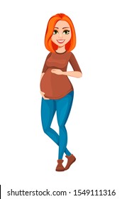 Beautiful pregnant woman. Cheerful pregnant lady cartoon character. Vector illustration isolated on white background